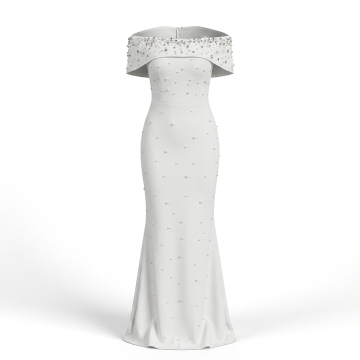 Off-Shoulder Crystal Embellished Bodycon Maxi Dress-Vyana Collective