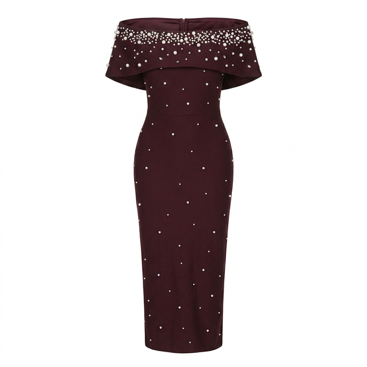 Off-Shoulder Crystal Embellished Bodycon Maxi Dress-Vyana Collective