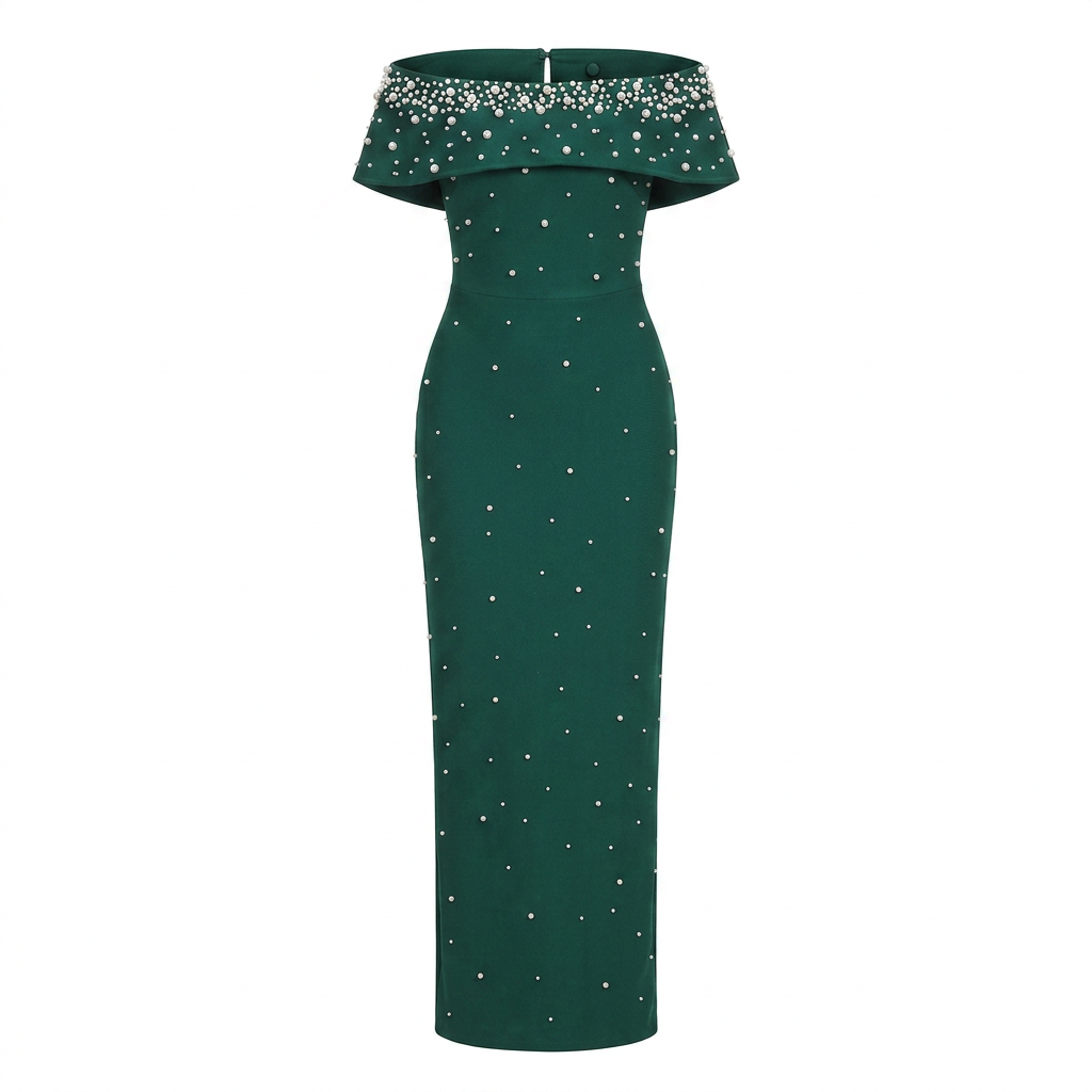 Off-Shoulder Crystal Embellished Bodycon Maxi Dress-Vyana Collective