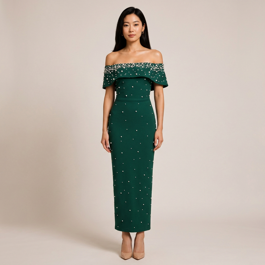 Off-Shoulder Crystal Embellished Bodycon Maxi Dress-Vyana Collective