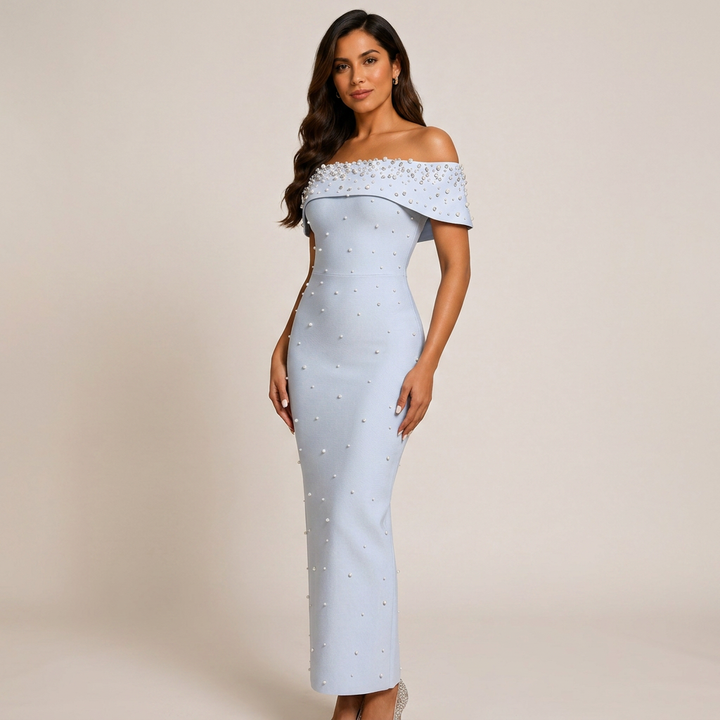 Off-Shoulder Crystal Embellished Bodycon Maxi Dress-Vyana Collective