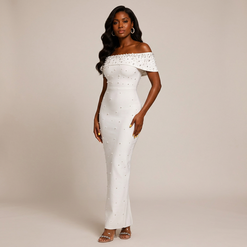 Off-Shoulder Crystal Embellished Bodycon Maxi Dress-Vyana Collective