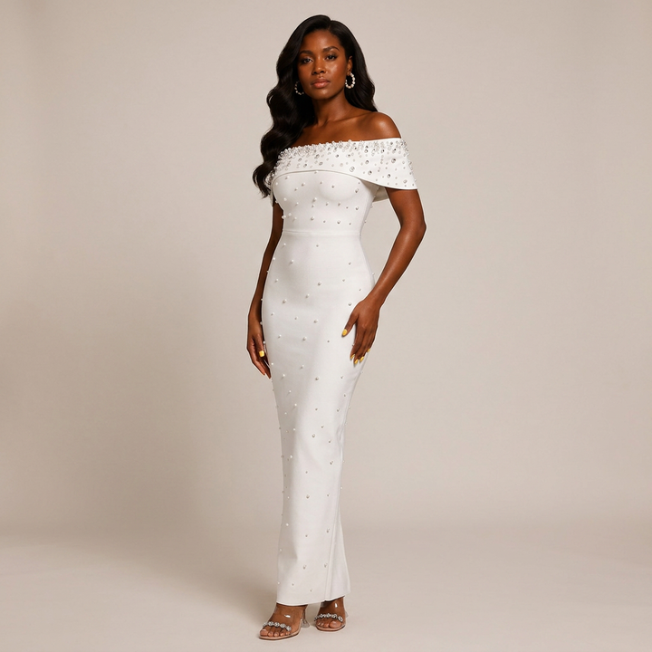 Off-Shoulder Crystal Embellished Bodycon Maxi Dress-Vyana Collective
