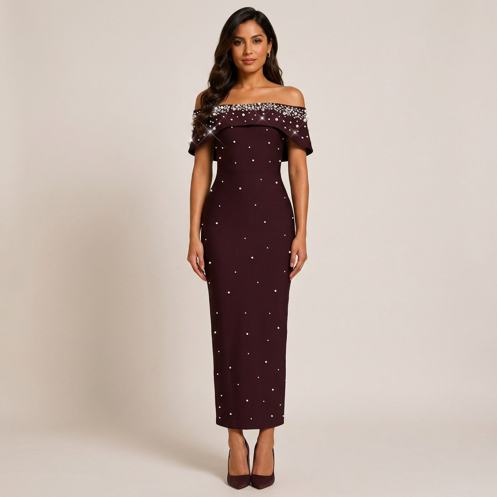 Off-Shoulder Crystal Embellished Bodycon Maxi Dress-Vyana Collective