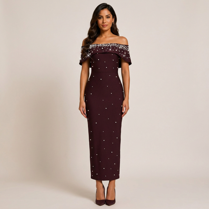 Off-Shoulder Crystal Embellished Bodycon Maxi Dress-Vyana Collective