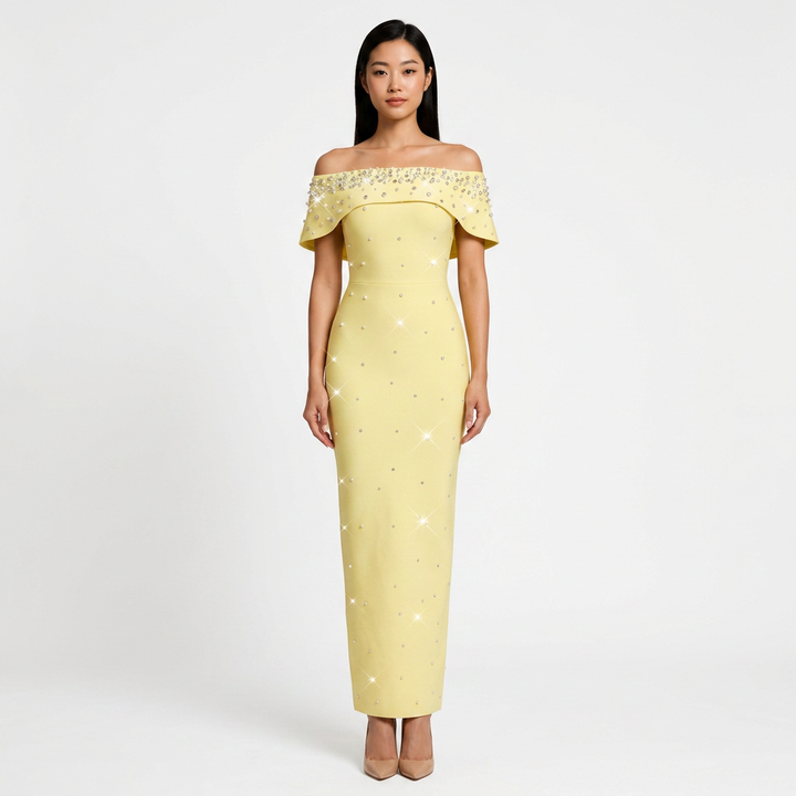 Off-Shoulder Crystal Embellished Bodycon Maxi Dress-Vyana Collective