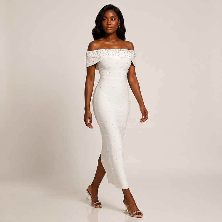 Off-Shoulder Crystal Embellished Bodycon Maxi Dress-Vyana Collective