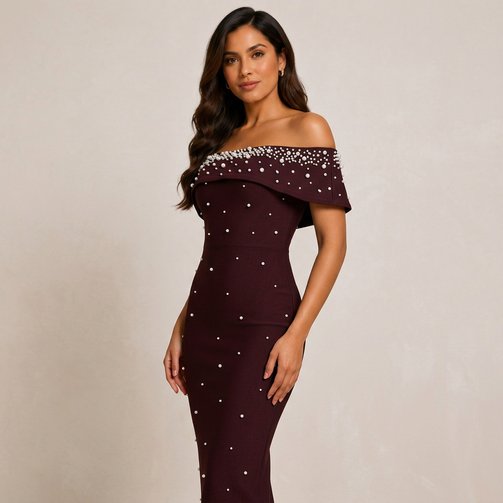 Off-Shoulder Crystal Embellished Bodycon Maxi Dress-Vyana Collective