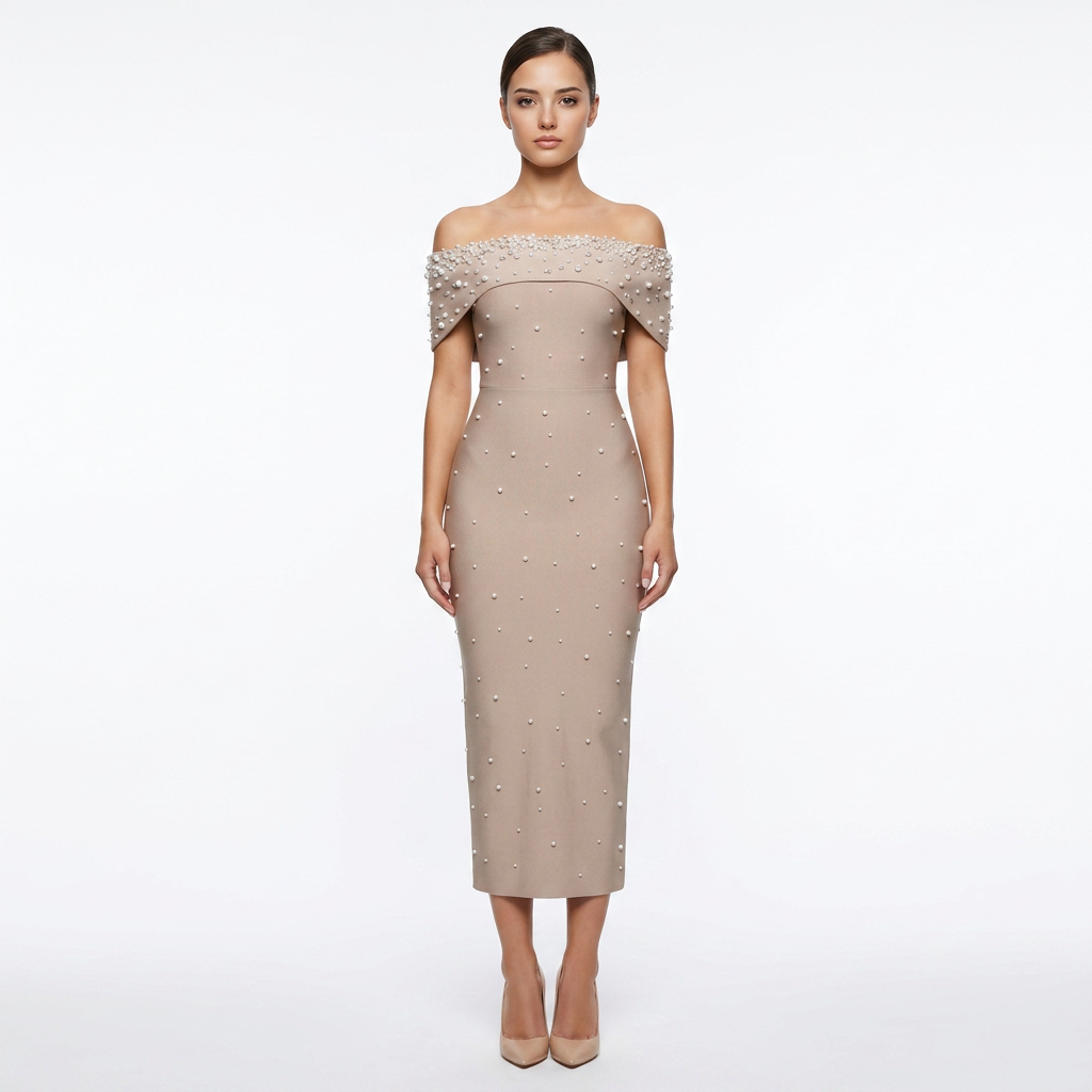 Off-Shoulder Crystal Embellished Bodycon Maxi Dress-Vyana Collective