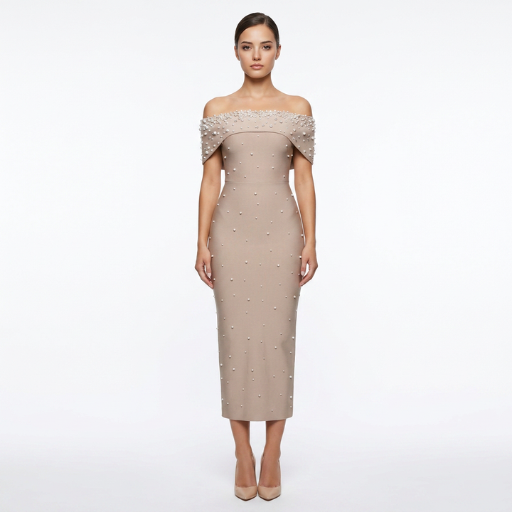 Off-Shoulder Crystal Embellished Bodycon Maxi Dress-Vyana Collective
