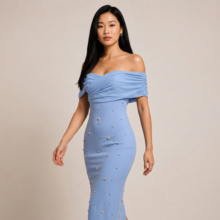 Off-Shoulder Draped Crystal Embellished Midi Dress-Vyana Collective