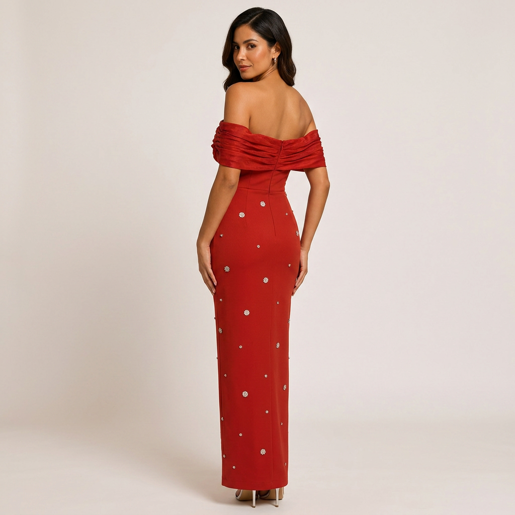 Off-Shoulder Draped Crystal Embellished Midi Dress-Vyana Collective