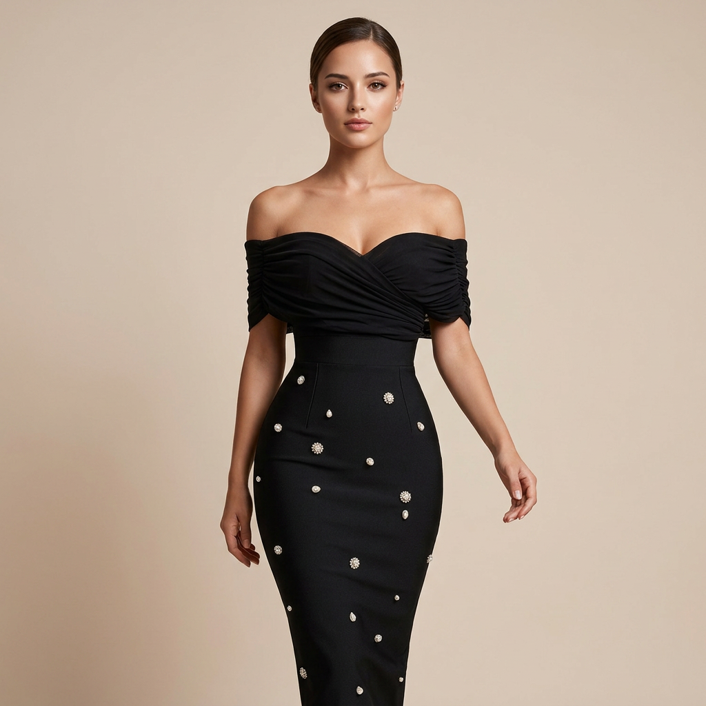 Off-Shoulder Draped Crystal Embellished Midi Dress-Vyana Collective