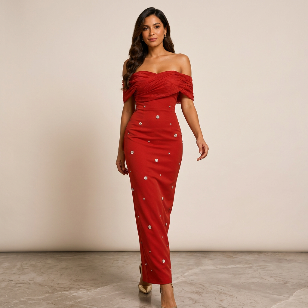 Off-Shoulder Draped Crystal Embellished Midi Dress-Vyana Collective