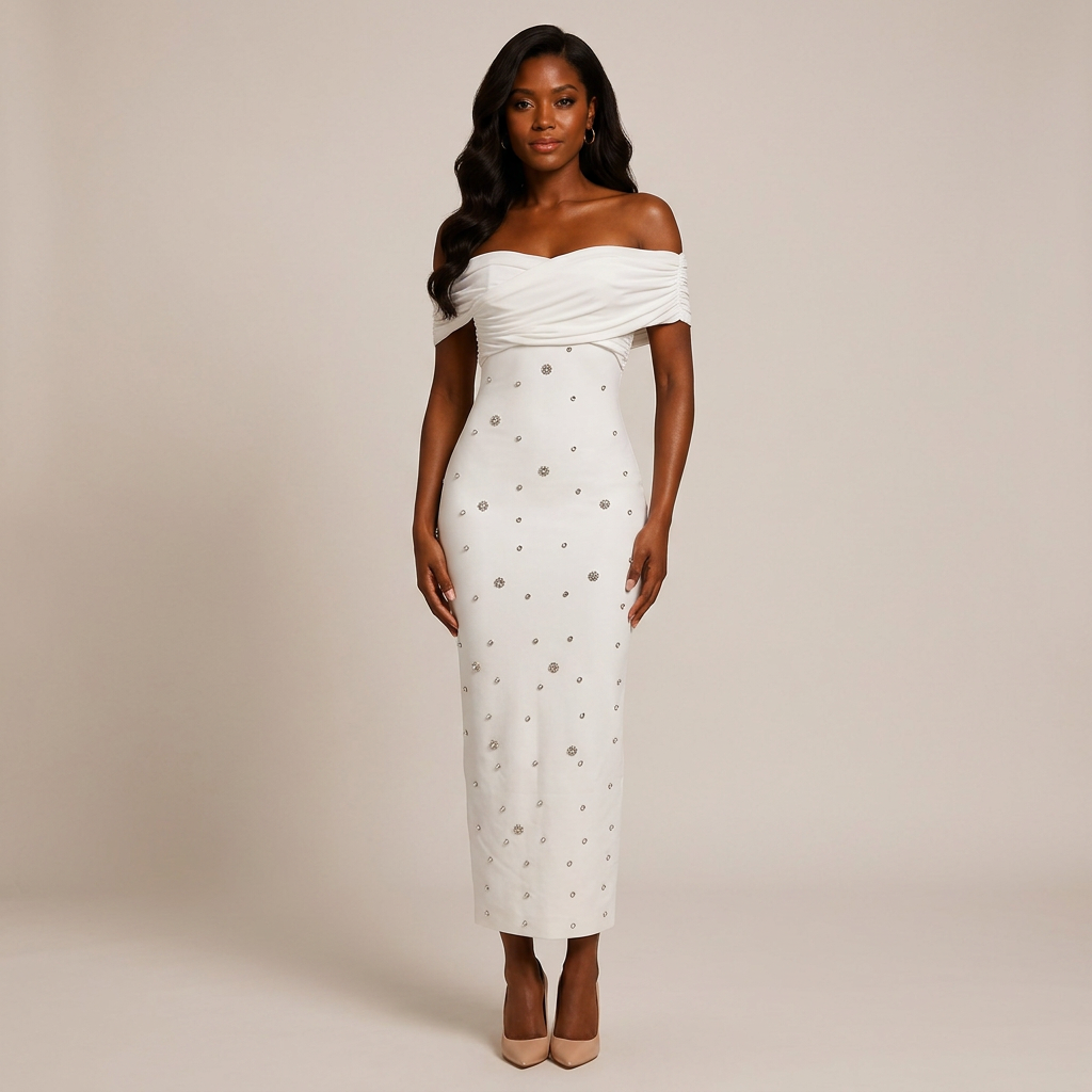 Off-Shoulder Draped Crystal Embellished Midi Dress-Vyana Collective