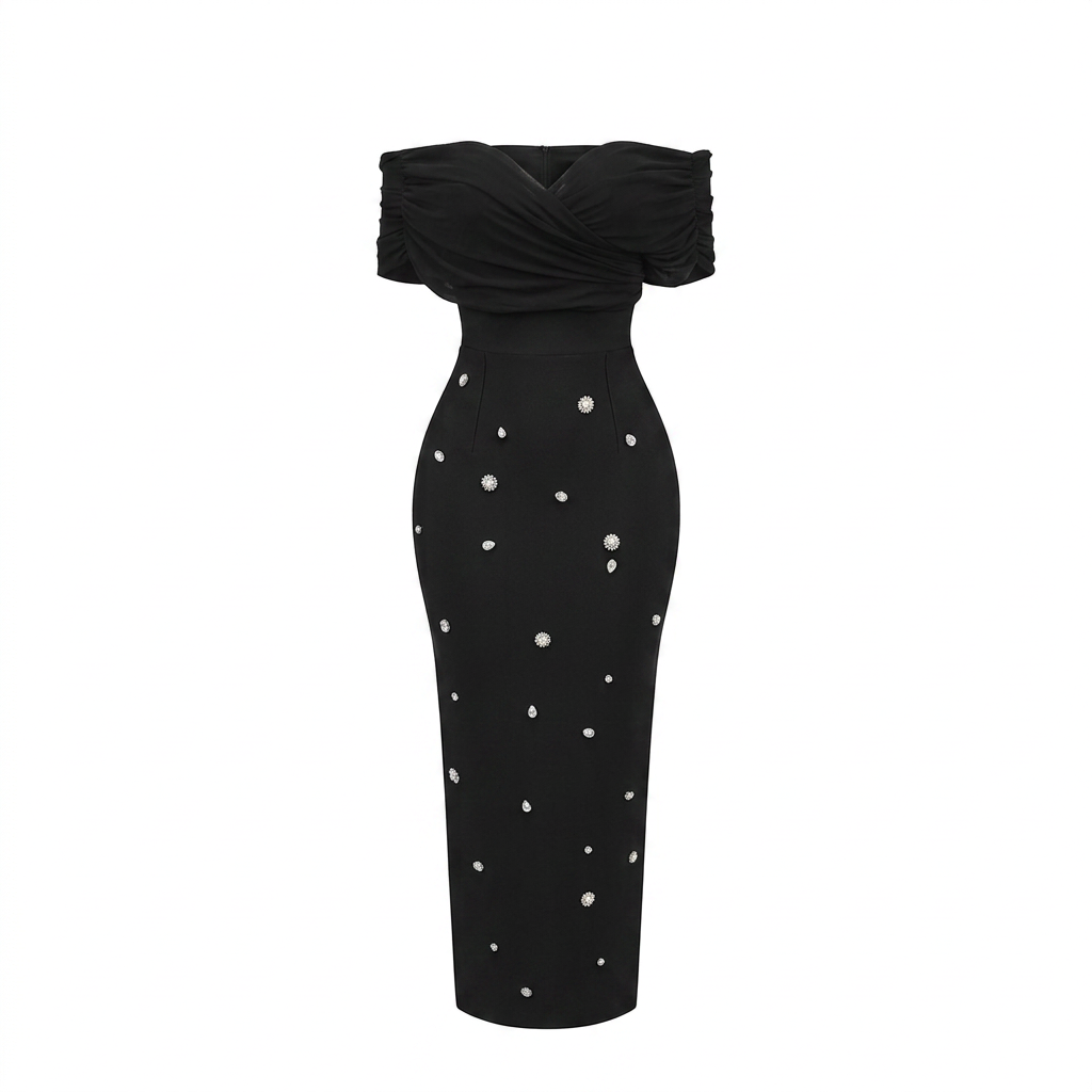 Off-Shoulder Draped Crystal Embellished Midi Dress-Vyana Collective