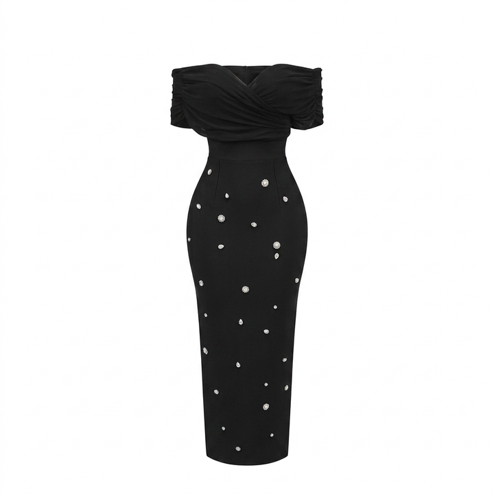 Off-Shoulder Draped Crystal Embellished Midi Dress-Vyana Collective
