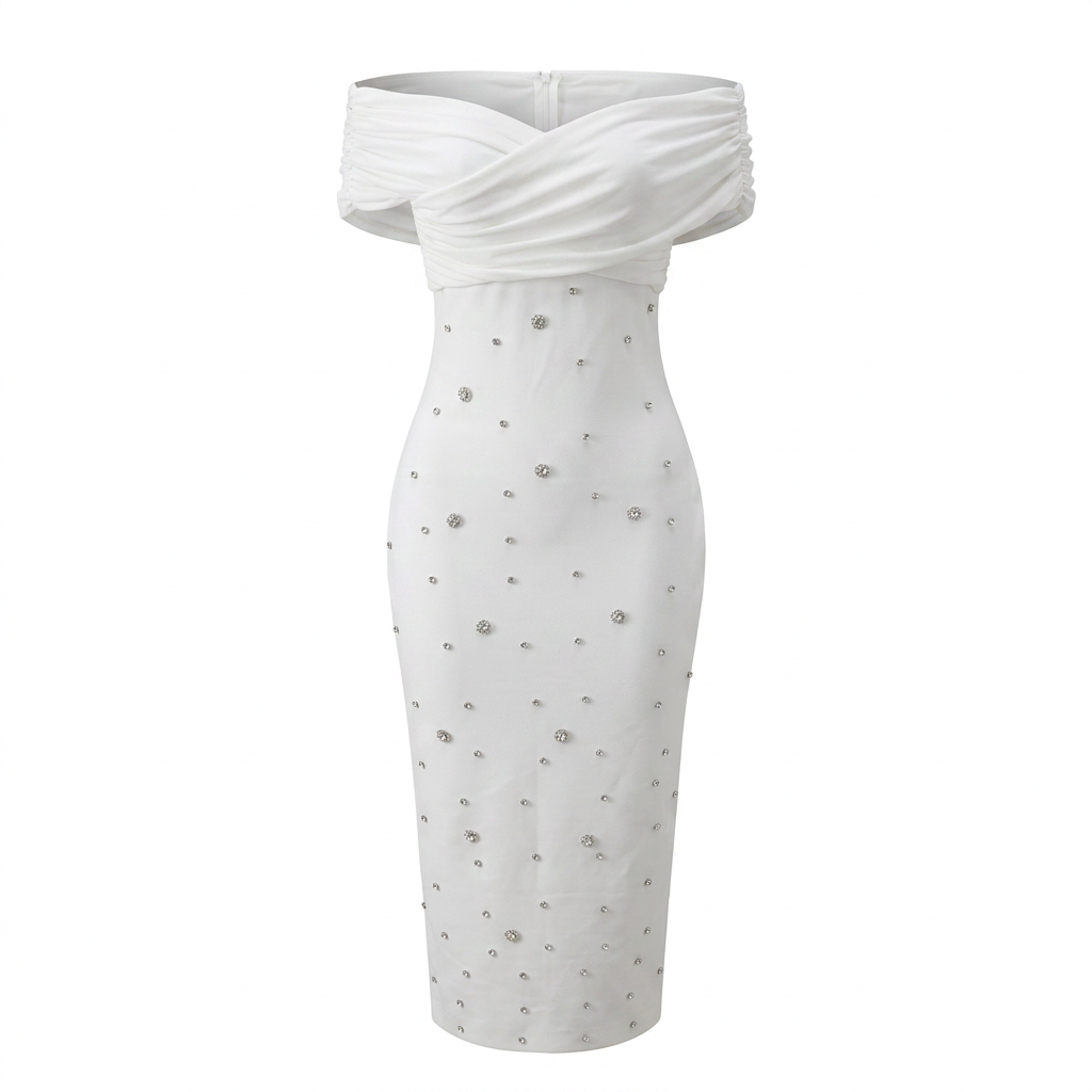 Off-Shoulder Draped Crystal Embellished Midi Dress-Vyana Collective