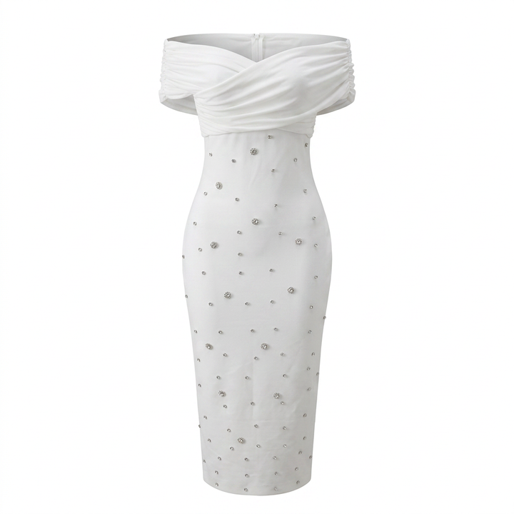 Off-Shoulder Draped Crystal Embellished Midi Dress-Vyana Collective