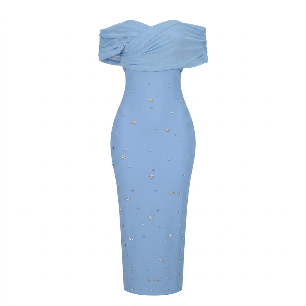 Off-Shoulder Draped Crystal Embellished Midi Dress-Vyana Collective