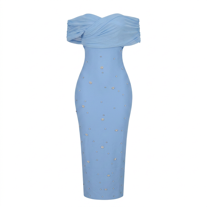 Off-Shoulder Draped Crystal Embellished Midi Dress-Vyana Collective
