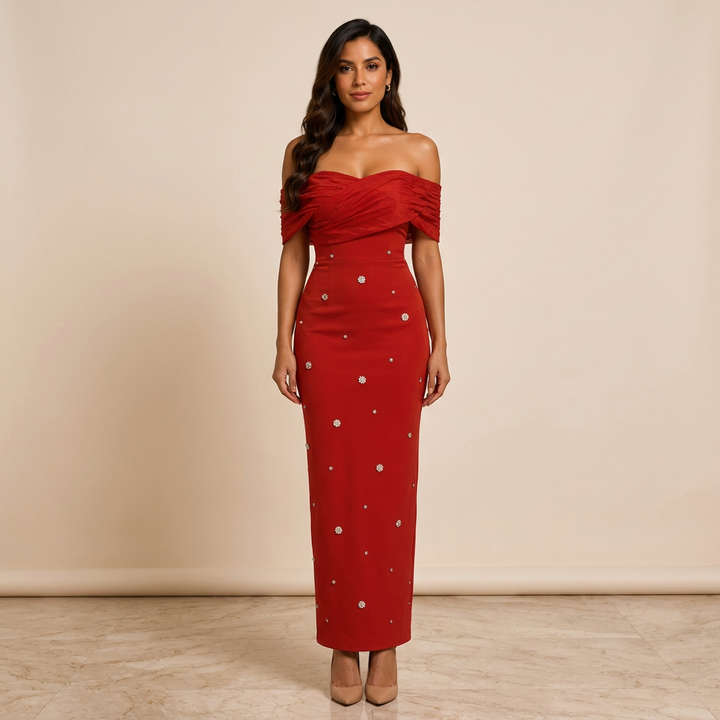 Off-Shoulder Draped Crystal Embellished Midi Dress-Vyana Collective