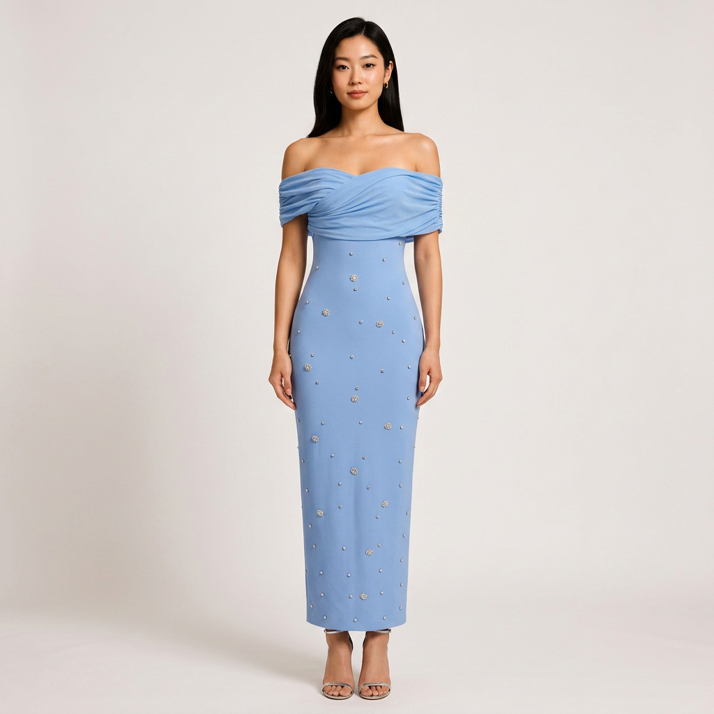 Off-Shoulder Draped Crystal Embellished Midi Dress-Vyana Collective