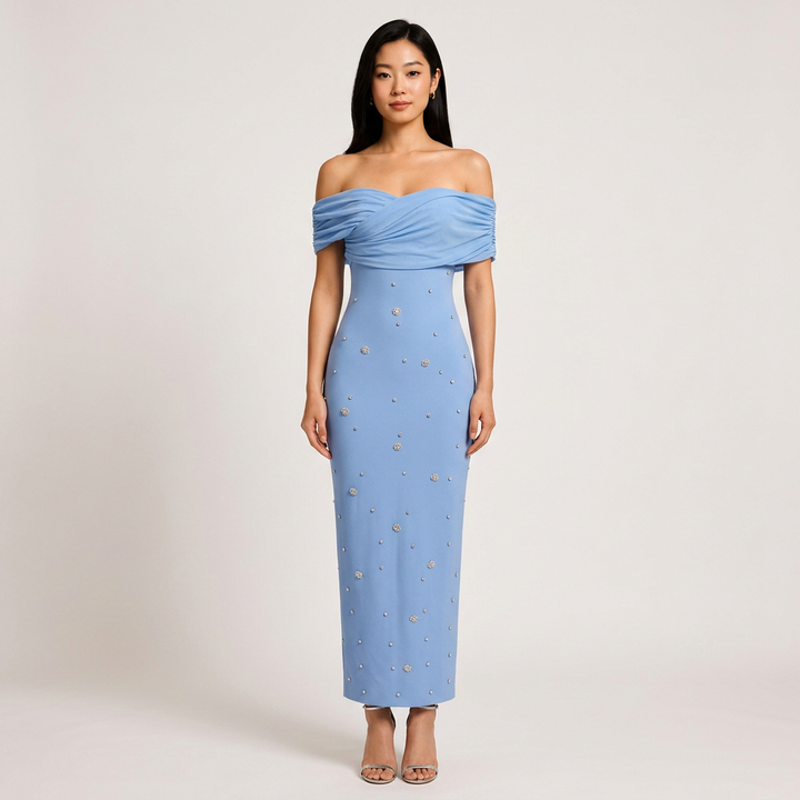 Off-Shoulder Draped Crystal Embellished Midi Dress-Vyana Collective