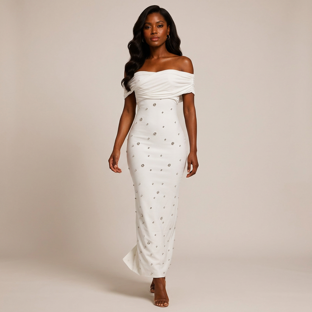 Off-Shoulder Draped Crystal Embellished Midi Dress-Vyana Collective