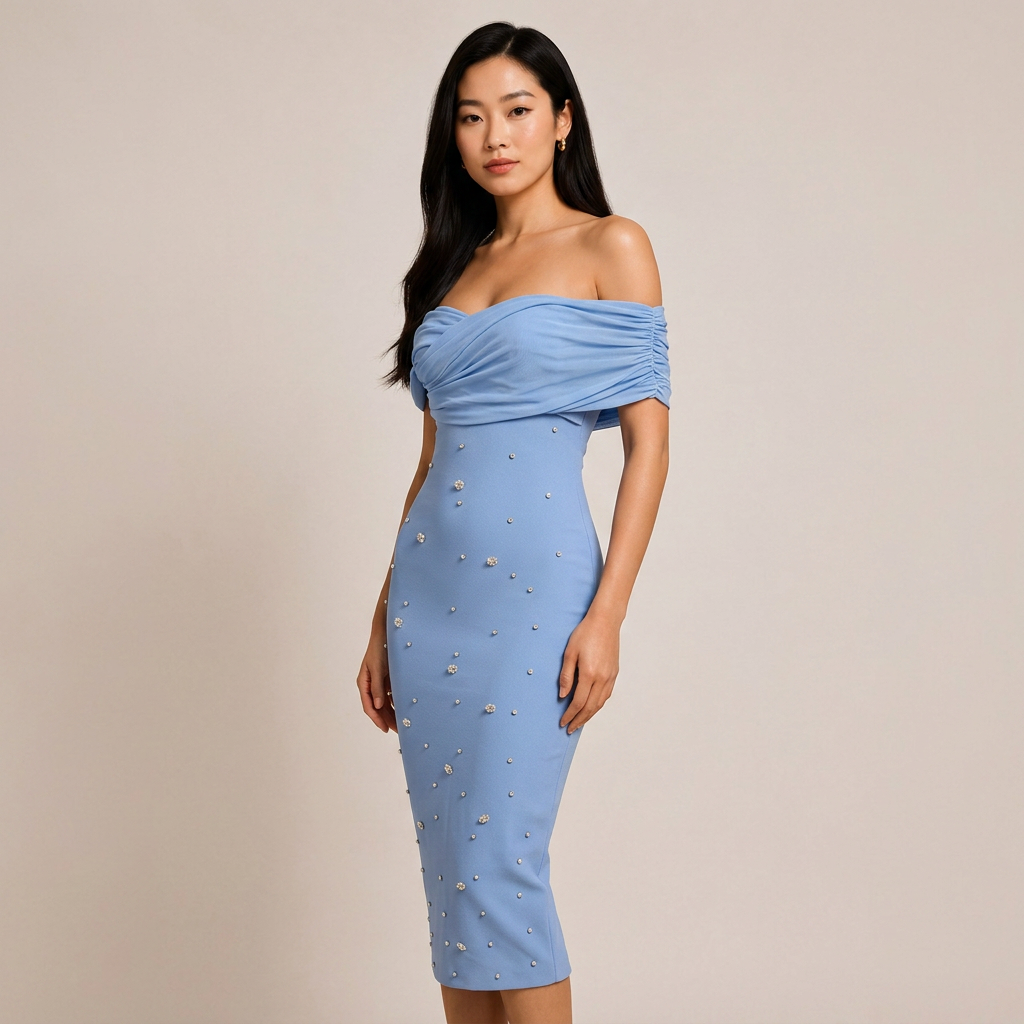 Off-Shoulder Draped Crystal Embellished Midi Dress-Vyana Collective