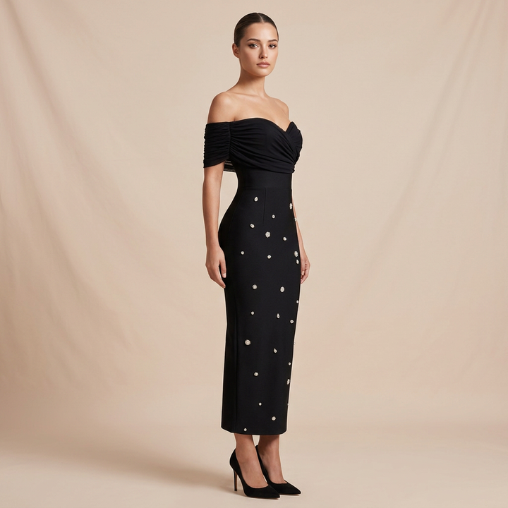 Off-Shoulder Draped Crystal Embellished Midi Dress-Vyana Collective