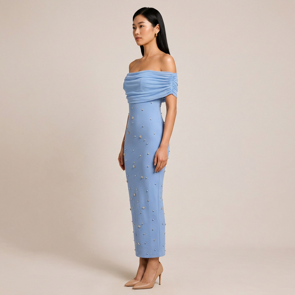 Off-Shoulder Draped Crystal Embellished Midi Dress-Vyana Collective