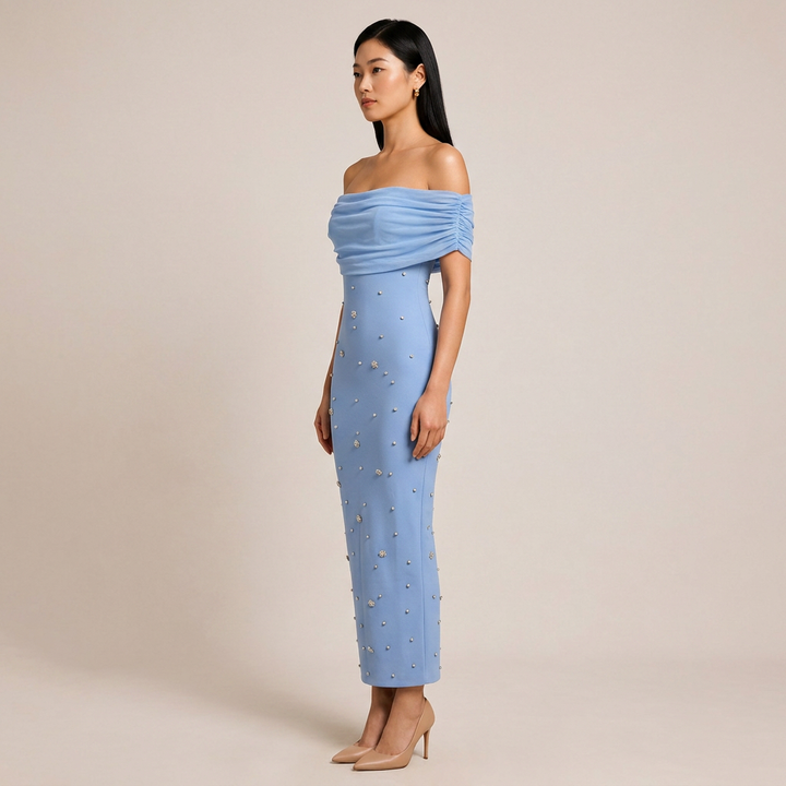 Off-Shoulder Draped Crystal Embellished Midi Dress-Vyana Collective