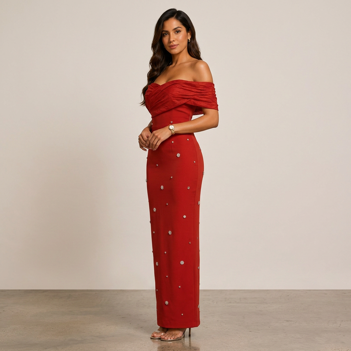Off-Shoulder Draped Crystal Embellished Midi Dress-Vyana Collective