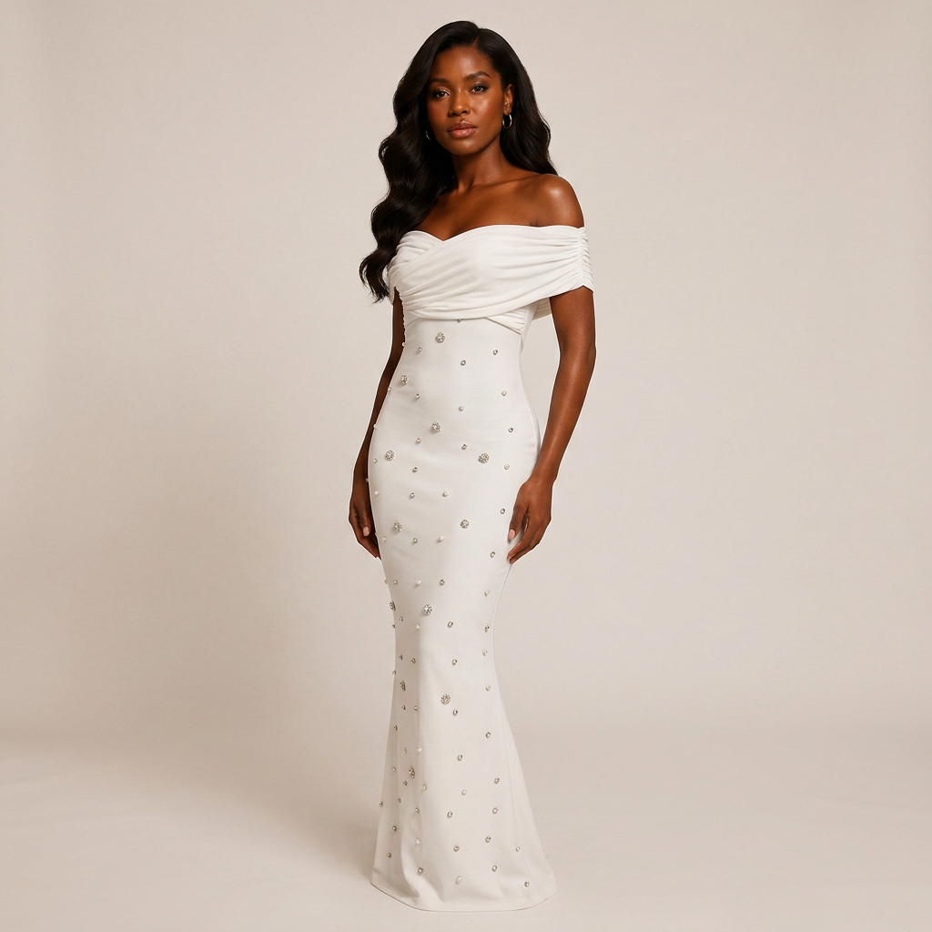 Off-Shoulder Draped Crystal Embellished Midi Dress-Vyana Collective