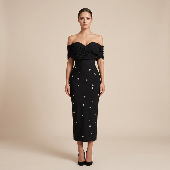 Off-Shoulder Draped Crystal Embellished Midi Dress-Vyana Collective