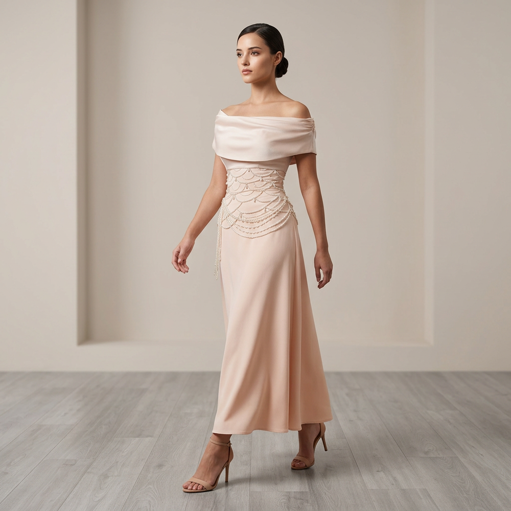 Off-Shoulder Pearl Embellished Midi Dress | Vyana Collective-Vyana Collective