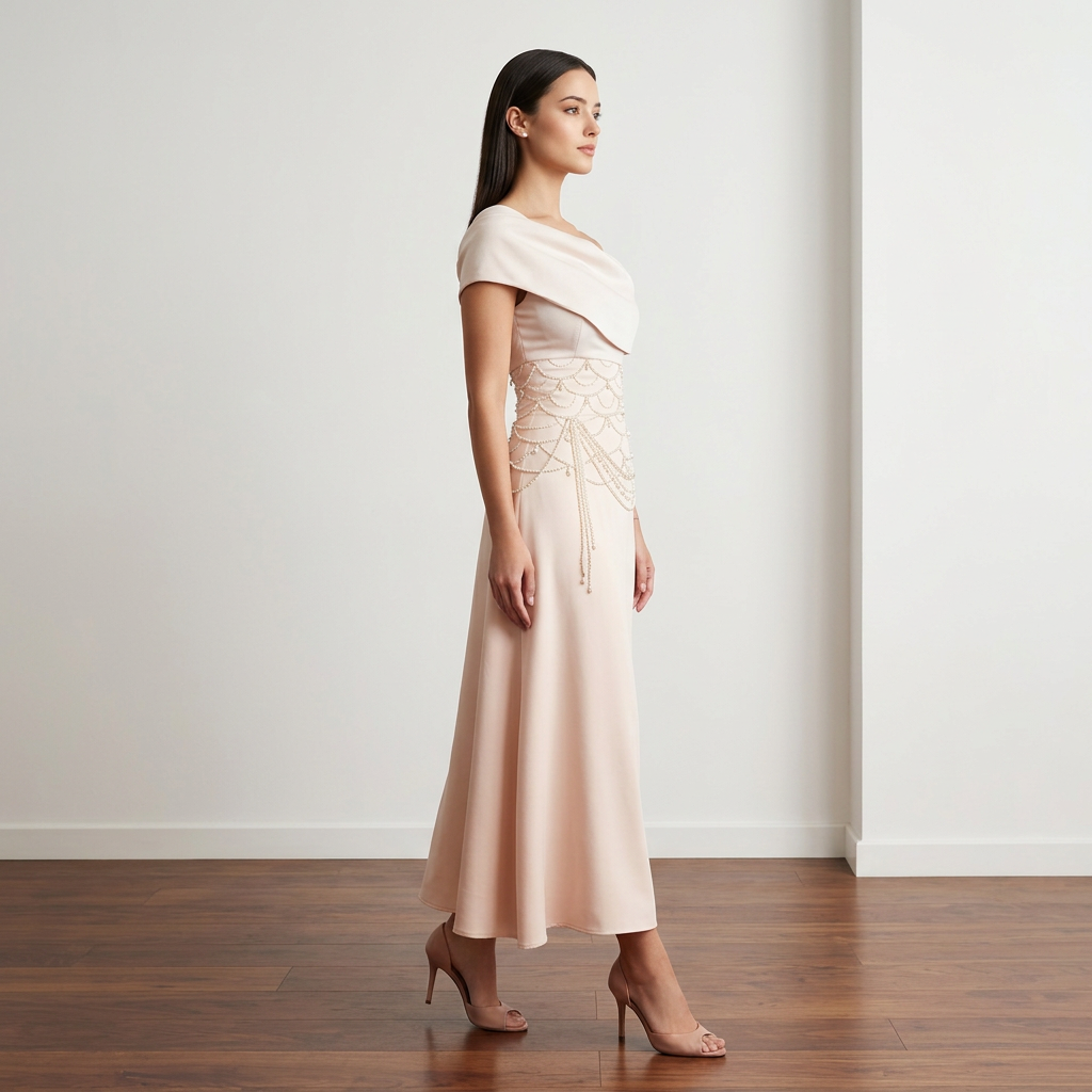 Off-Shoulder Pearl Embellished Midi Dress | Vyana Collective-Vyana Collective