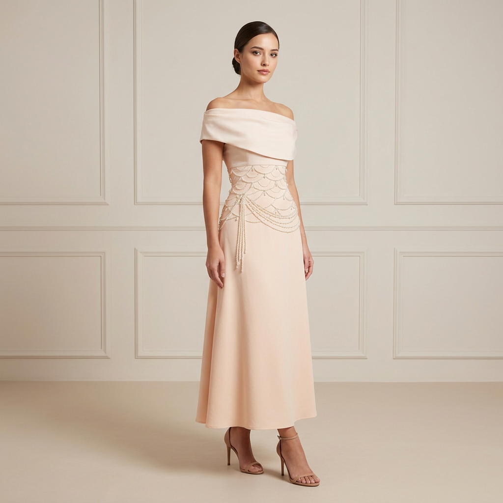 Off-Shoulder Pearl Embellished Midi Dress | Vyana Collective-Vyana Collective