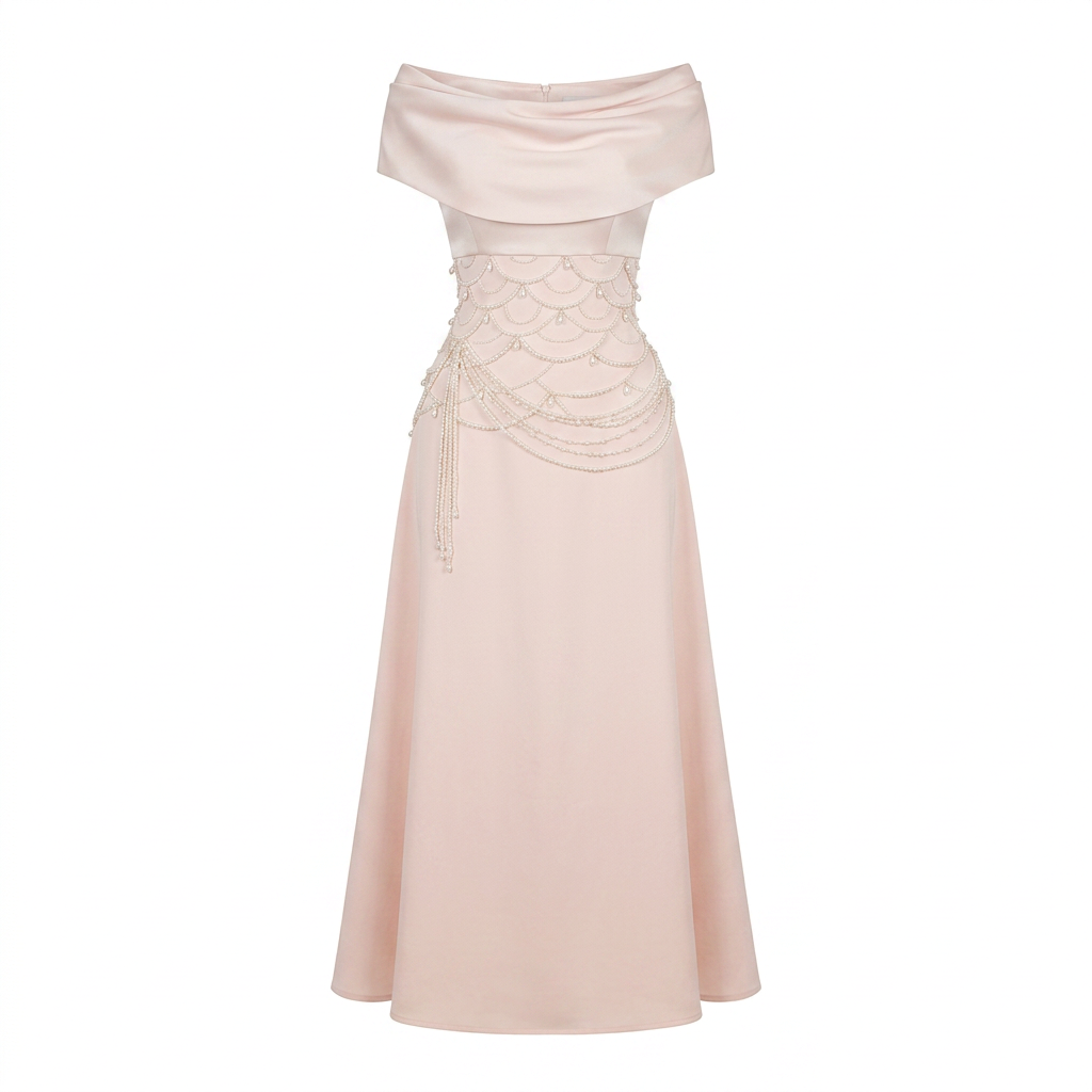 Off-Shoulder Pearl Embellished Midi Dress | Vyana Collective-Vyana Collective