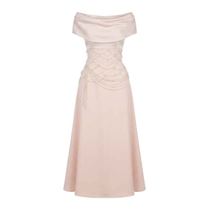 Off-Shoulder Pearl Embellished Midi Dress | Vyana Collective-Vyana Collective