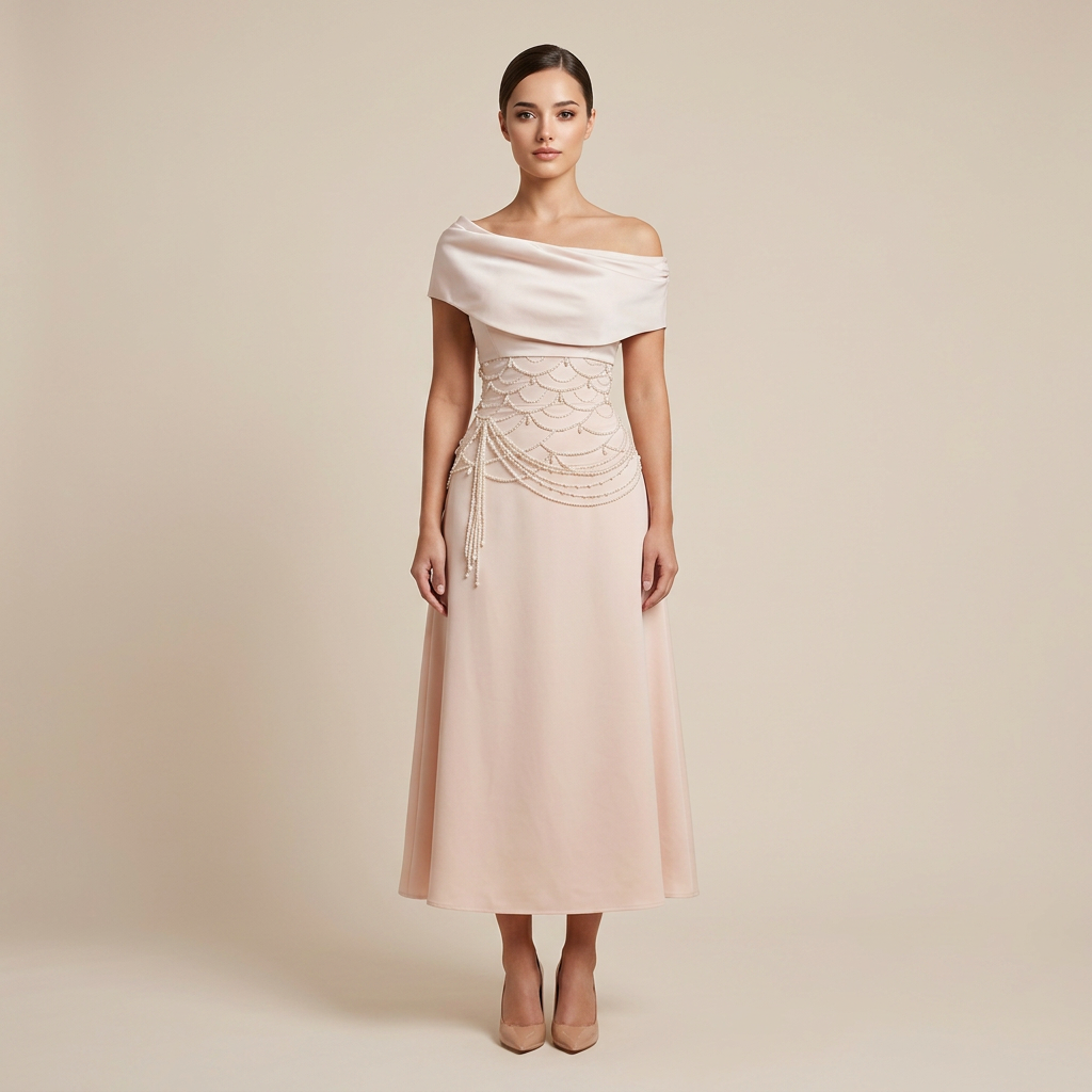 Off-Shoulder Pearl Embellished Midi Dress | Vyana Collective-Vyana Collective
