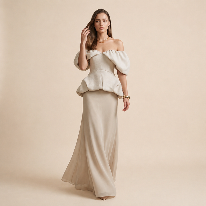 Off-Shoulder Puff Sleeve Peplum Top &amp; Maxi Skirt Set-Vyana Collective