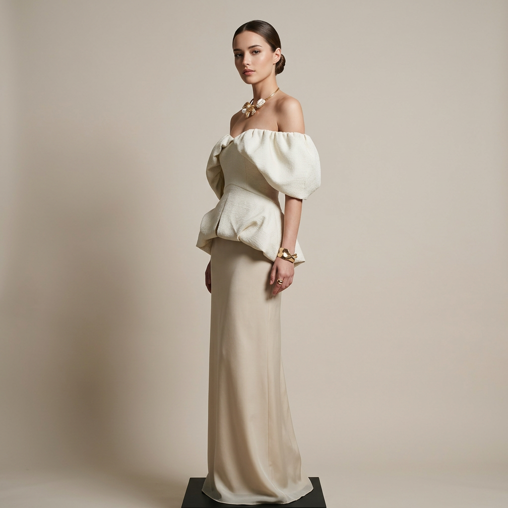Off-Shoulder Puff Sleeve Peplum Top &amp; Maxi Skirt Set-Vyana Collective