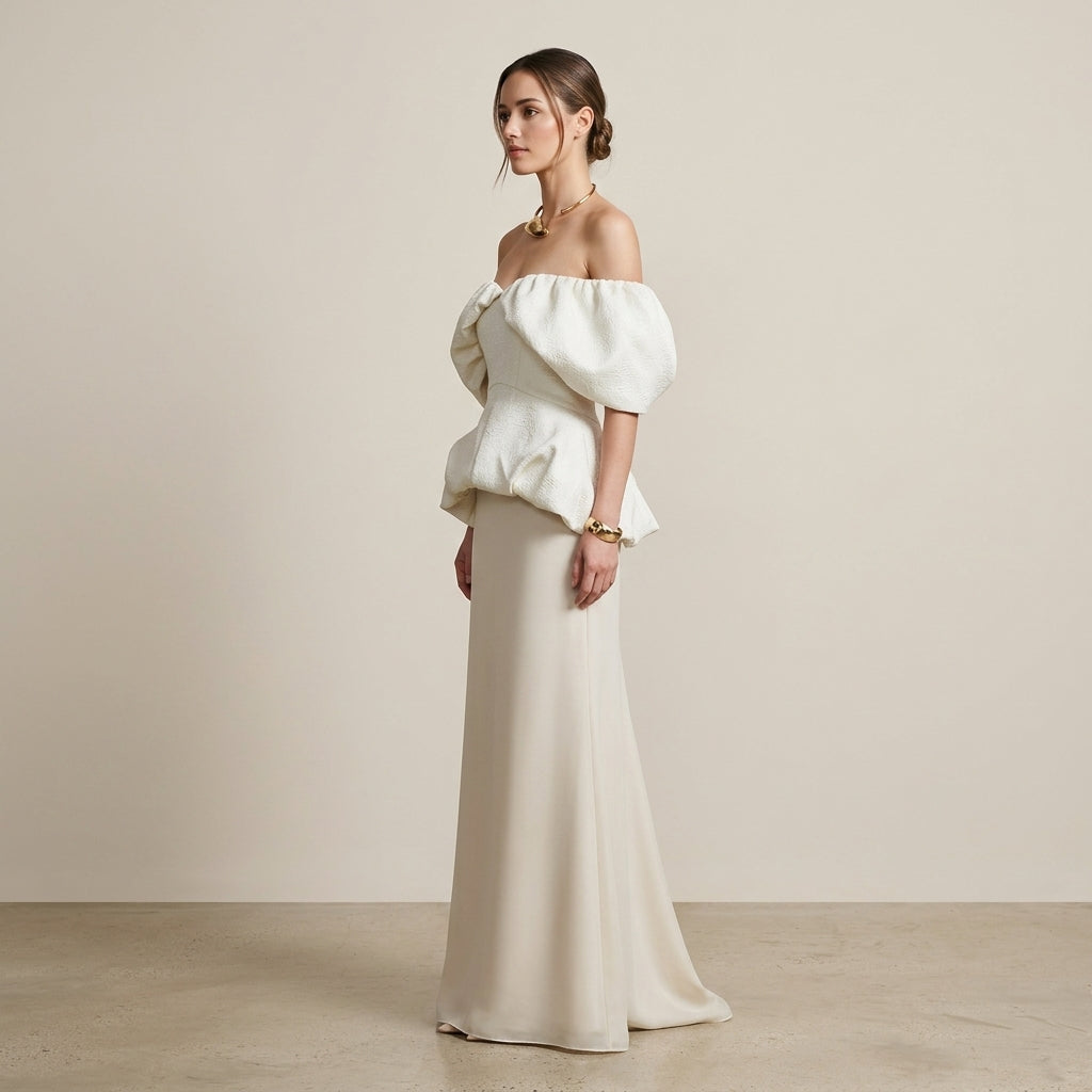 Off-Shoulder Puff Sleeve Peplum Top &amp; Maxi Skirt Set-Vyana Collective
