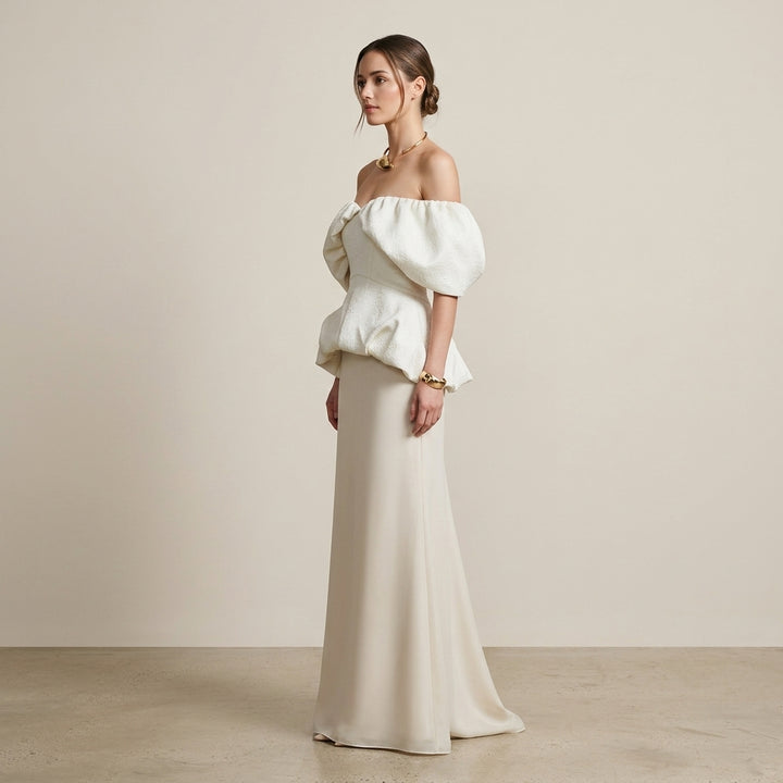 Off-Shoulder Puff Sleeve Peplum Top &amp; Maxi Skirt Set-Vyana Collective