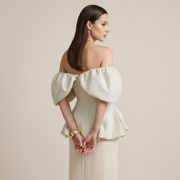 Off-Shoulder Puff Sleeve Peplum Top &amp; Maxi Skirt Set-Vyana Collective