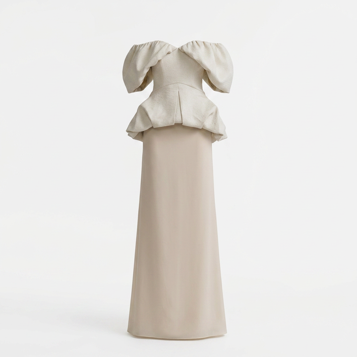 Off-Shoulder Puff Sleeve Peplum Top &amp; Maxi Skirt Set-Vyana Collective