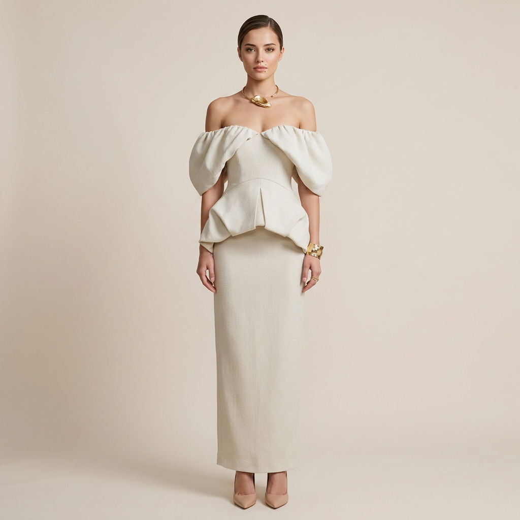 Off-Shoulder Puff Sleeve Peplum Top &amp; Maxi Skirt Set-Vyana Collective