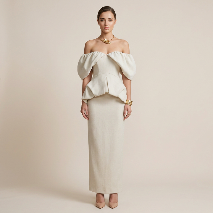 Off-Shoulder Puff Sleeve Peplum Top &amp; Maxi Skirt Set-Vyana Collective